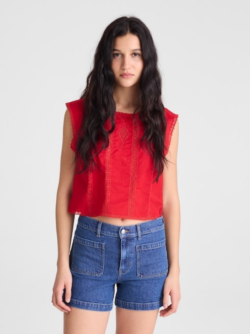 Madewell Embroidered Lace-Inset Top Varsity Red Size M NWT